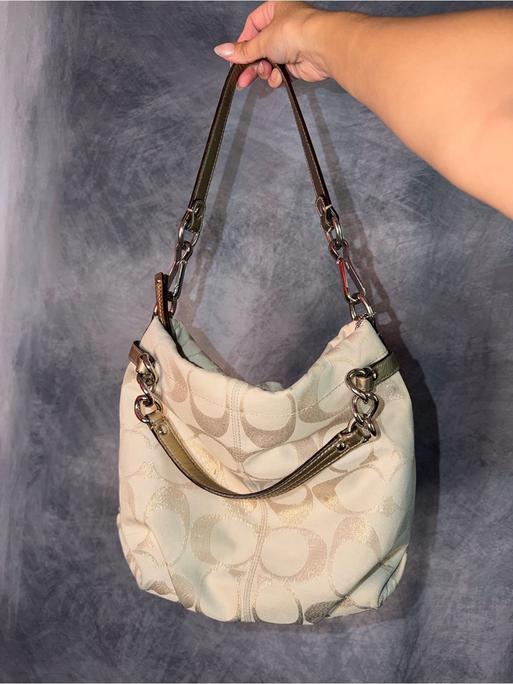 Coach Cream Signature Monogram Hobo with Chain-Trim Straps